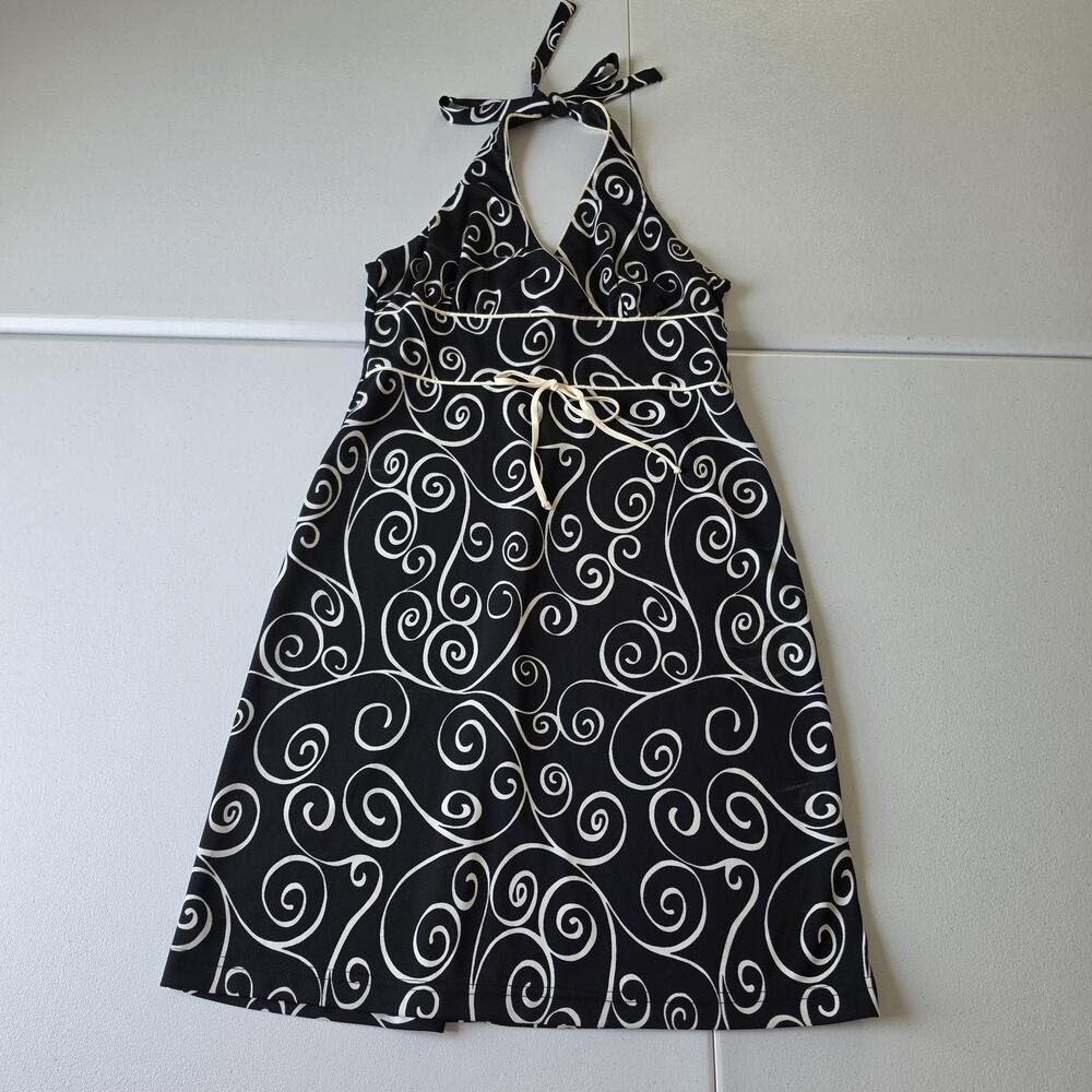 90s Y2K City Triangles Dress Medium Black Swirl Print Halter Sundress Whimsigoth
